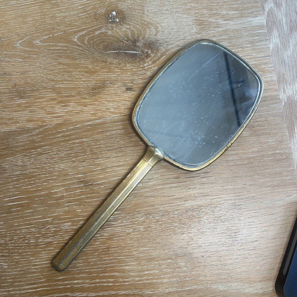 Art Deco Vintage‎ French Metal Brass Plated  Vanity Hand  Mirror 12"